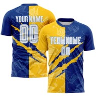 Custom Royal Yellow-Light White Scratch Jersey Blue Pattern Sublimation Soccer Graffiti Uniform